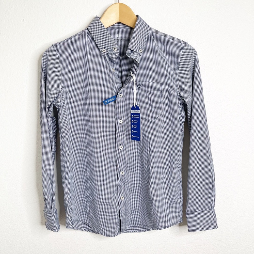 Southern Tide Boys Intercoastal Performance Gingham Navy Blue Shirt Large L NWT‎